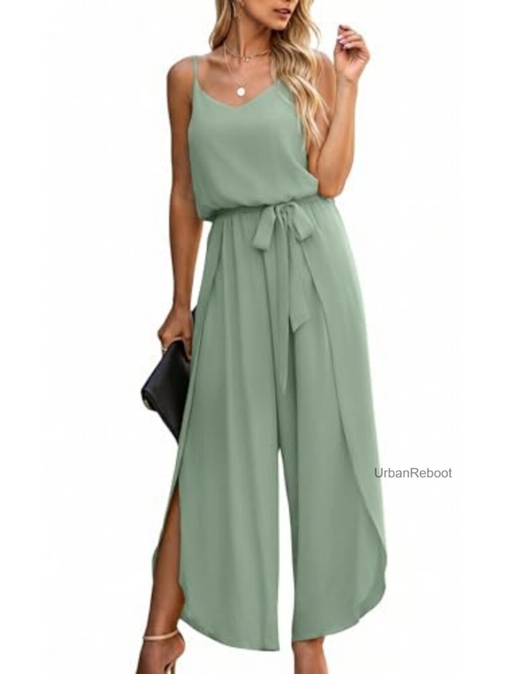Womens Wide Leg Jumpsuit Spaghetti Strap V-Neck Belted Beach Casual